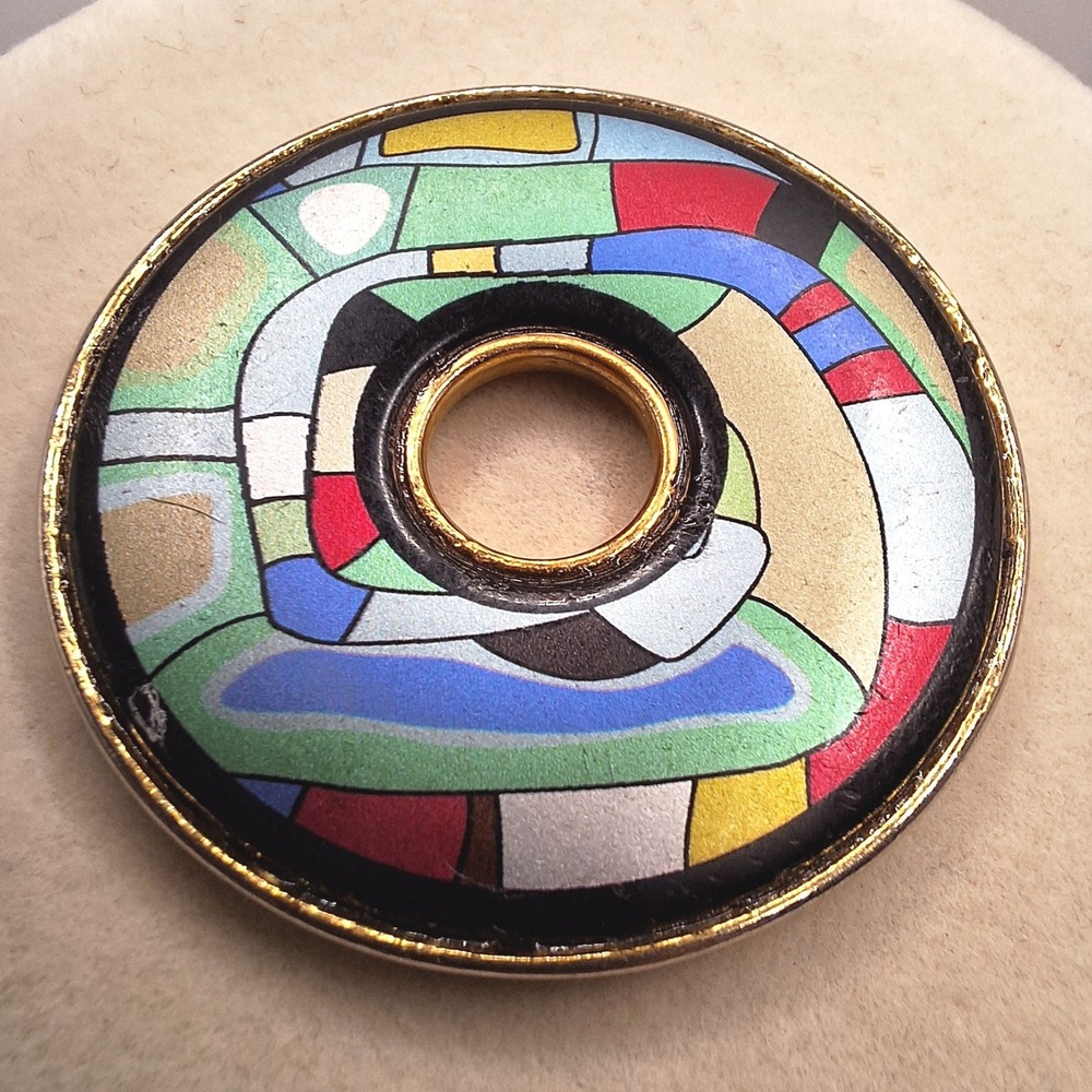 Vintage M. Frey Wilee doughnut disc pendant fire enamel cloisonne geometric RARE